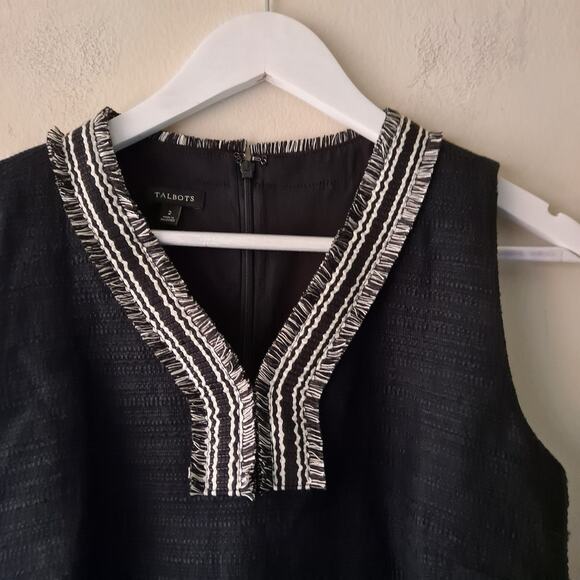 Talbots Womens Black Vneck Texture Dress with Neckline Fringes Sleeveless Size 2 - Picture 6 of 10